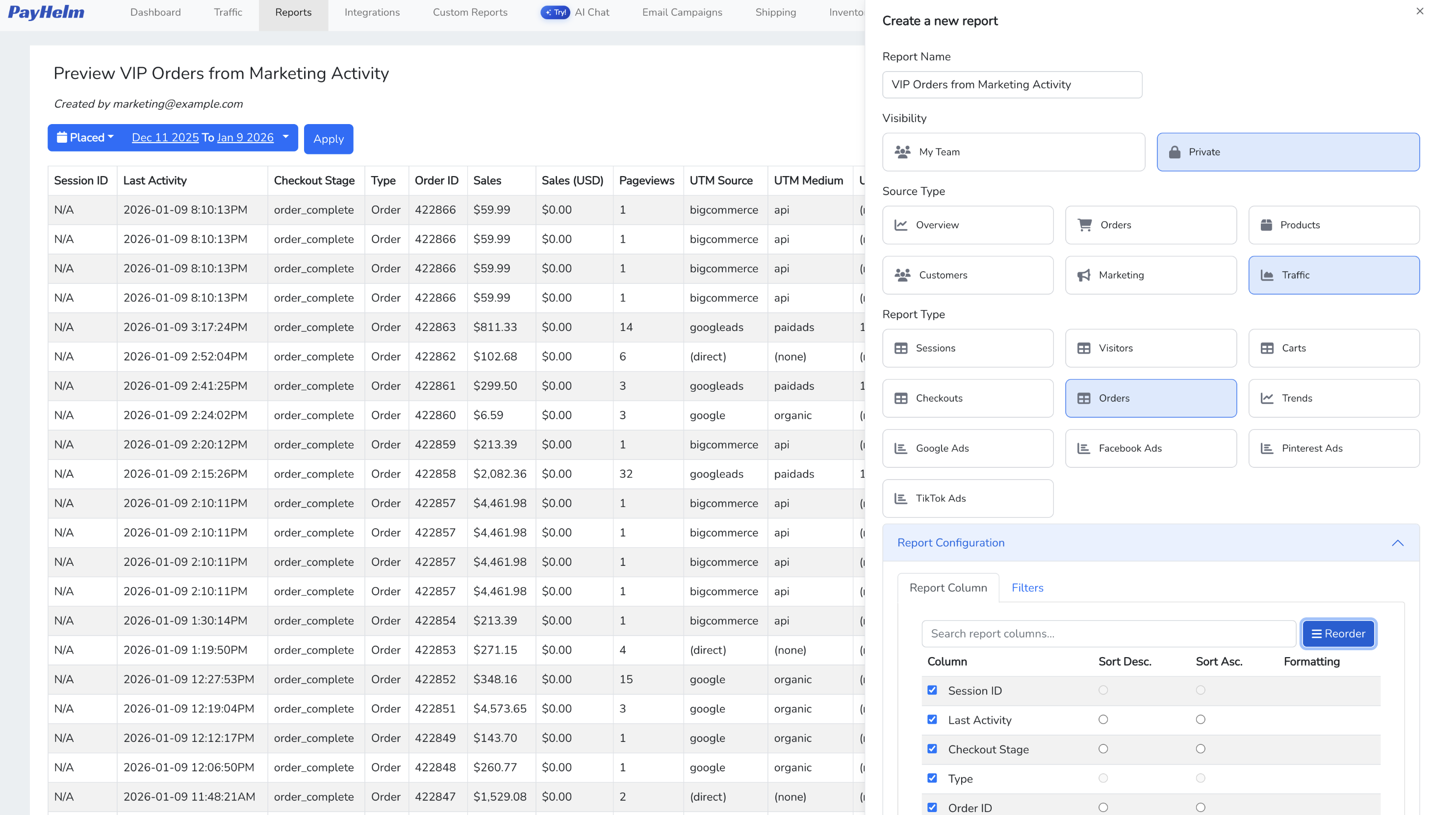 Saved traffic report showing VIP orders from marketing activity