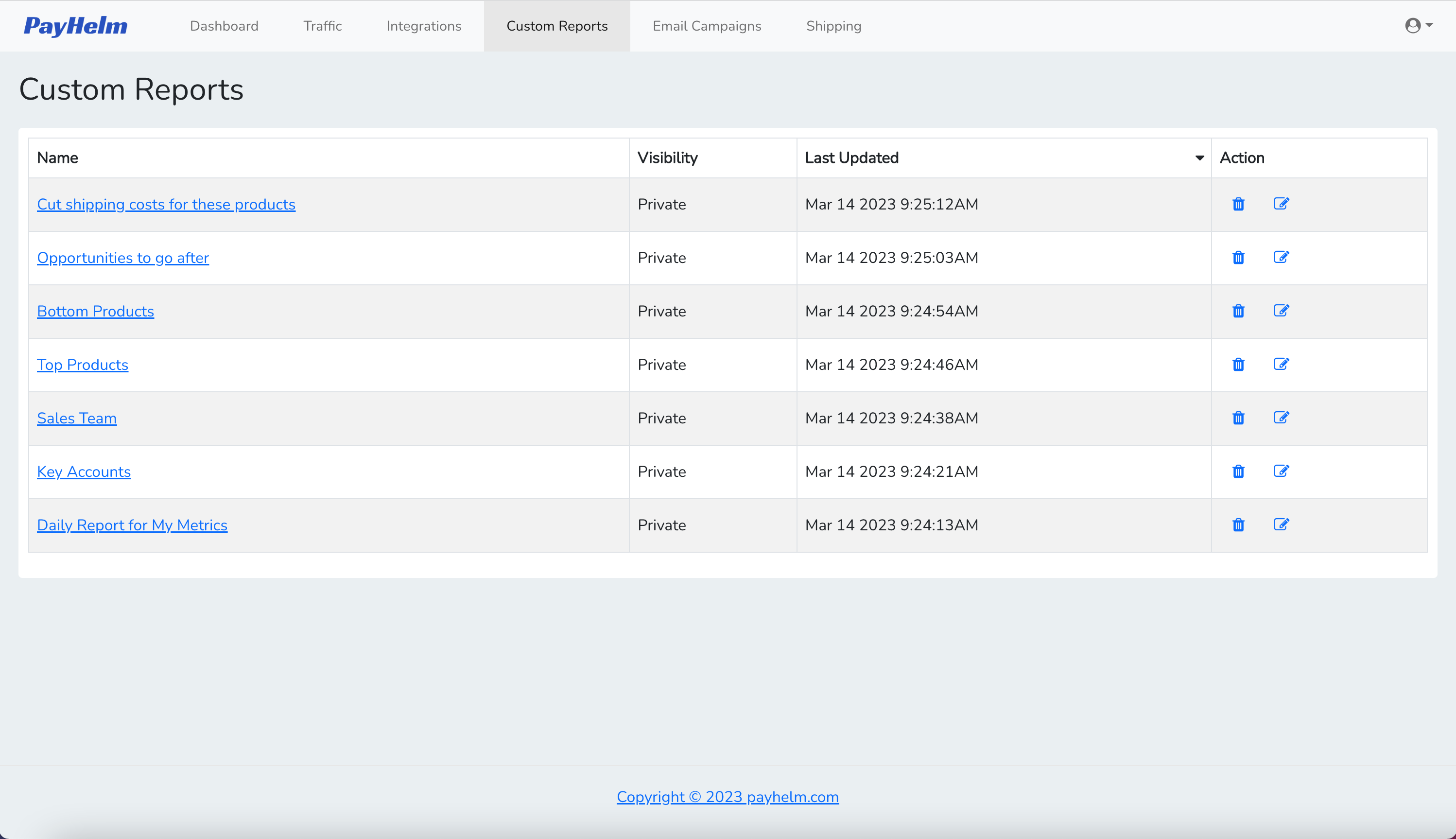 PayHelm Custom Reports interface showing flexible report management